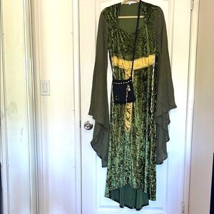 Green Velvet Renaissance Dress with Gold and Soft Pink Accents